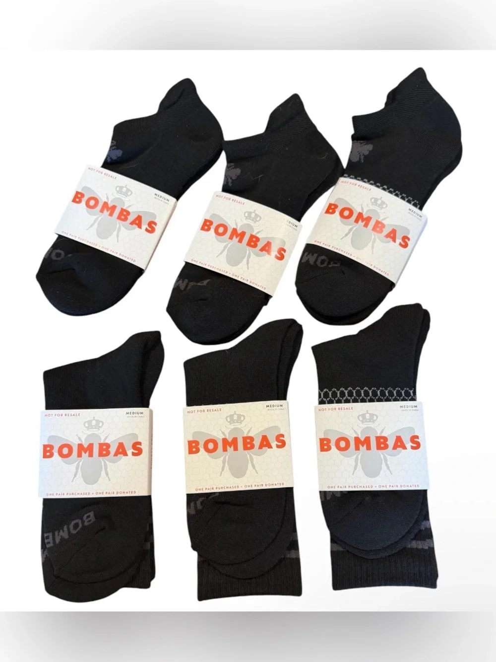 Bombas Unisex Size M Black Mixed No-Show & Crew Socks - 6 Pack BUNDLE NWT